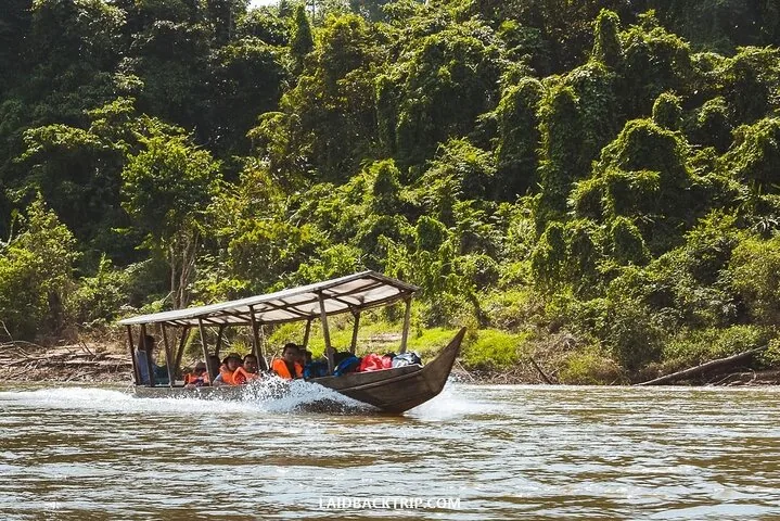 Touristes à bord d’un bateau longtail sur la rivière à Taman Negara.